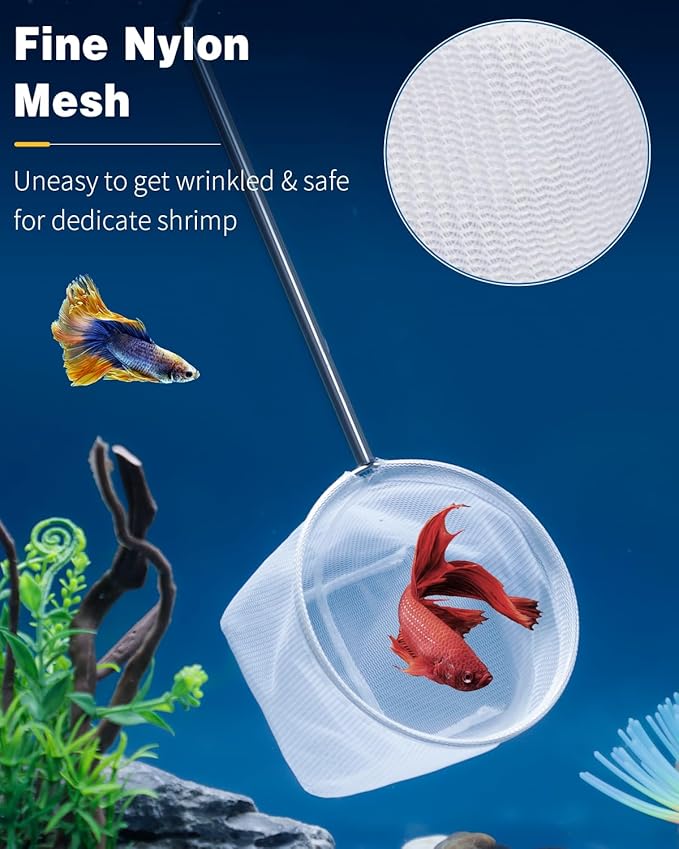 Pawfly 4 Inch Aquarium Shrimp Net for Baby Fish, Small Soft Round Fine Mesh and Long Extendable Stainless Steel Handle for Tank & Pond