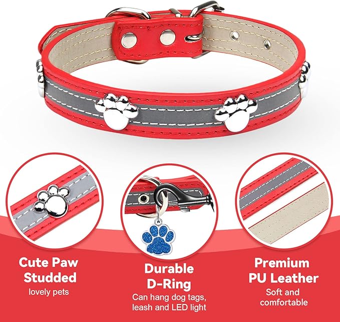 PETCARE Reflective Dog Collar with Cute Paw Rivet Studded Funny Soft PU Leather Adjustable Puppy Dog Collars for Small Medium Large Dogs Cats (Red,XX-Large)