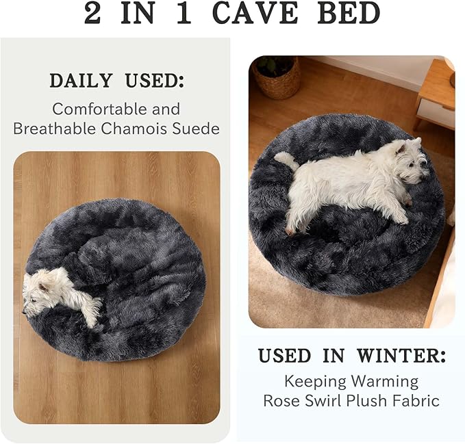 NOYAL Calming Dog Bed for Anxiety, Hooded Donut Cave with Blanket, Plush Fluffy Washable Pet Bed for Small Medium Dogs & Cats
