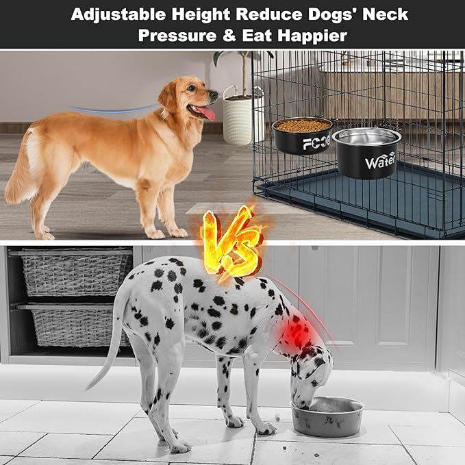 Crate Water Bowl No Spill for Large Dogs, Removable Stainless Steel Dog Bowls for Food and Water, Dog Kennel Hanging Wet and Dry Food Feeder for Medium/Large Pets, (7.1"x3.7" & 6.3"*2.6", Black)