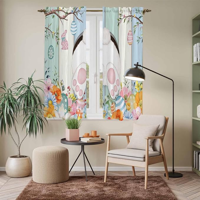 Easter Window Curtains 63 Inch Long 2 Panel Set, Rod Pocket Bedroom Curtains &