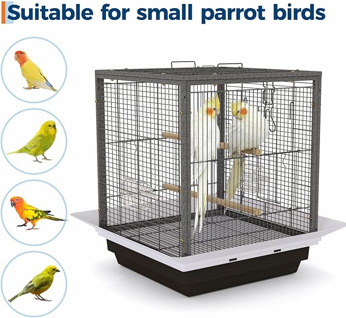 GarveeHome Small Bird Cage with Wheels, Parakeet Cage, Bird Carrier for Parakeets, Canaries, Lovebirds, Small Quaker, Cockatiels, Budgie, Green Cheek (20in Hammertone Black)