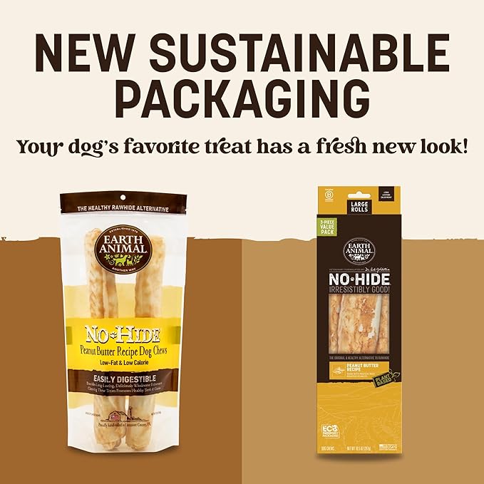 Earth Animal No Hide Chews - Long Lasting Rawhide Free Large Dog Chews Rolls, Peanut Butter - 3 Count Value Pack