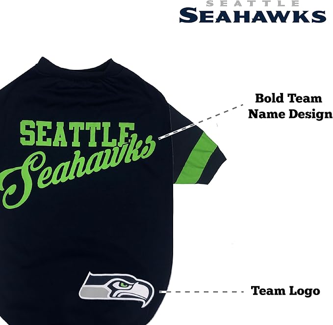 Pets First NFL Seattle Seahawks T-Shirt for Dogs & Cats, Small. Football Dog Shirt for NFL Team. New & Updated Fashionable Stripe Design, Durable & Cute Sports PET TEE Outfit (SEA-4146-SM)