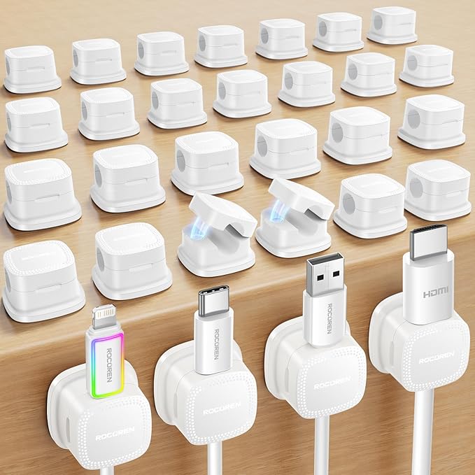 30 Pack Cable Management Cord Organizer,Magnetic Cable Clips-1s Lock,Rocoren Desk Adhesive Cord Cable Clip Wire Holder Keeper for Phone Charger Wire,Nightstand,Car,Office,Desktop Accessory,White