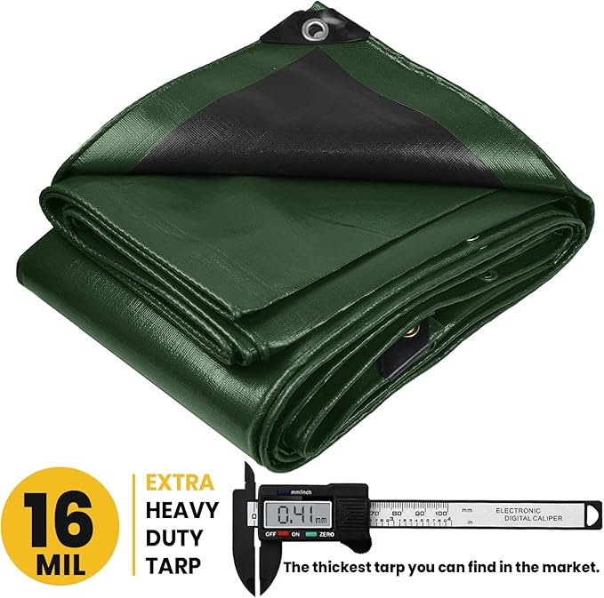 PROTARP Extra Heavy Duty 16 Mil Tarp Cover, Waterproof, UV Resistant, Rip and Tear Proof, Poly Tarpaulin with Reinforced Edges for Roof, Camping, Patio, Pool, Boat. (Green/Black 30′ X 50′)