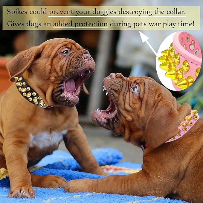 TEEMERRYCA Pink Leather Gold Spiked Studded Dog Collar for Female Puppy Small Medium Large Pets, Pit Bulls Bulldog, Keep Dog Safe from Grabbing by Huge Dogs, L(15"-18.5")