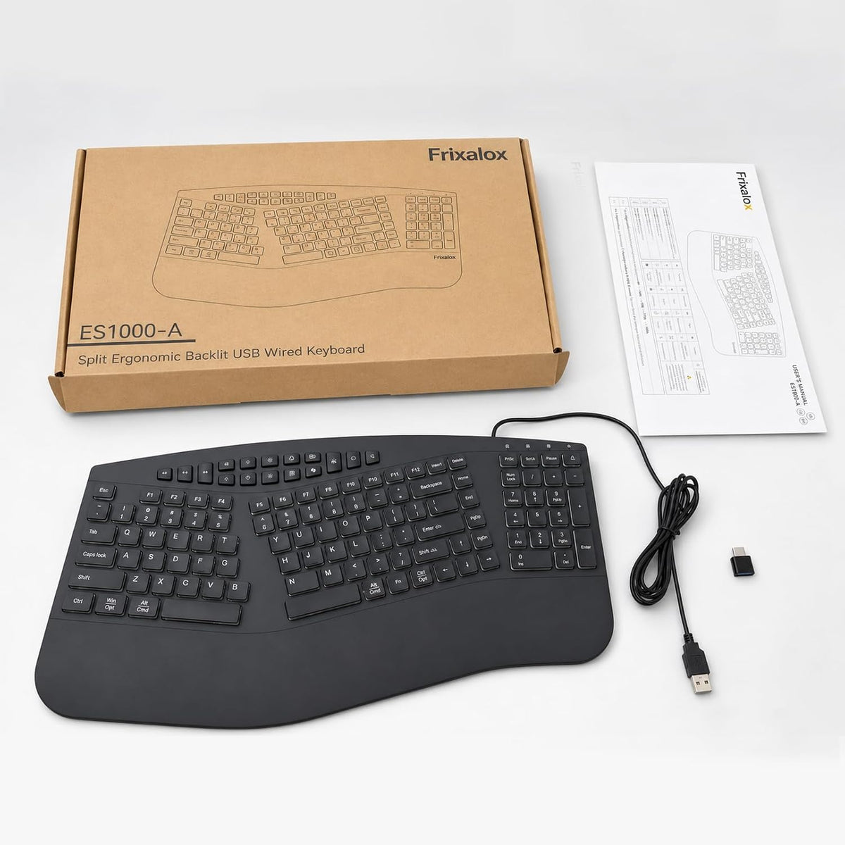 Wired Ergonomic Split Keyboard with RGB Backlight & Numpad, Black