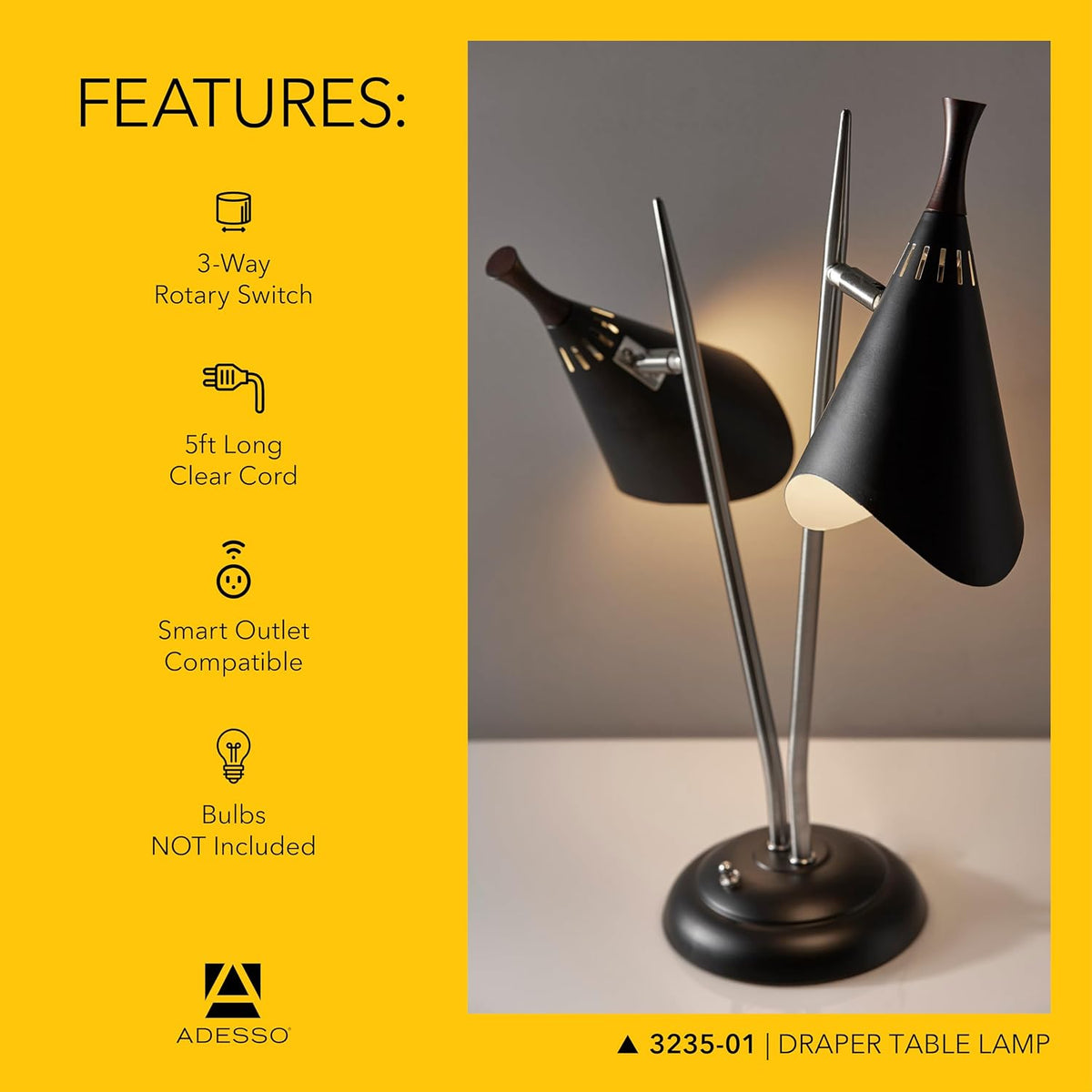 Adesso 2-Light Desk Lamp, Brushed Steel & Black, Adjustable Arms, 22”