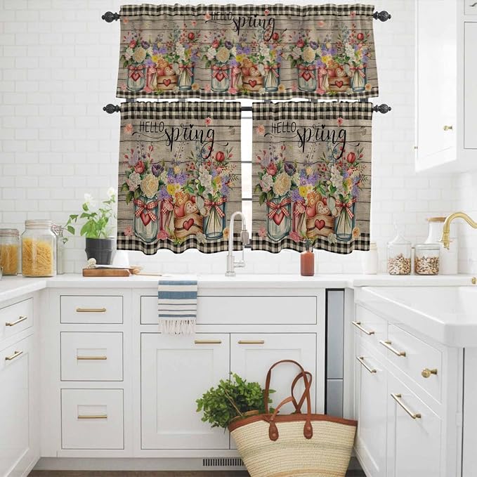 Spring Flowers Kitchen Curtains Set 3 Piece