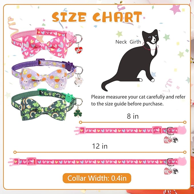 KOOLTAIL St Patricks Day Cat Collars Breakaway with Bowtie and Bells,3 Pack Adjustable Fancy Easter Kitten Collar with Safety Buckle for Girls Boys Kitty,Cute Cat Charm Pendant Holiday