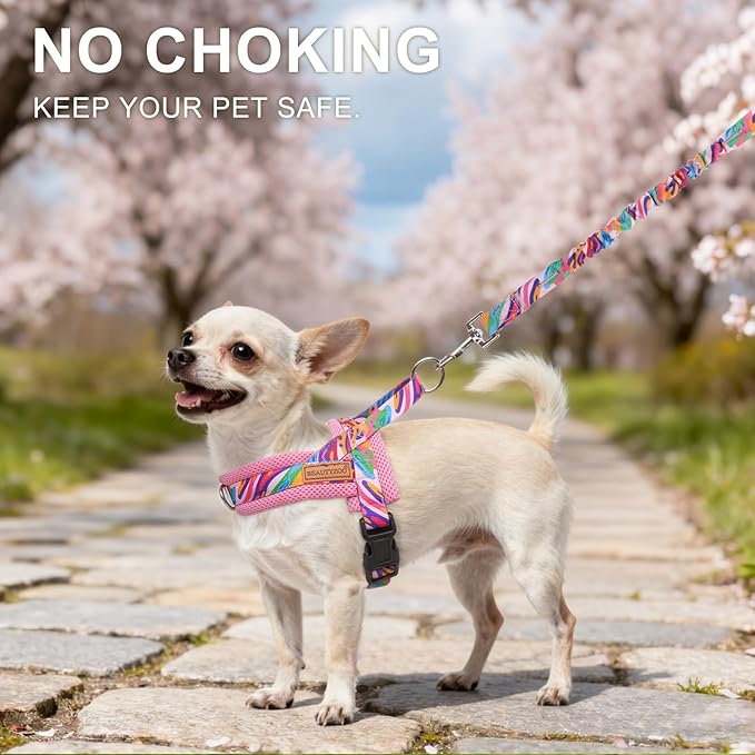 BEAUTYZOO Dog Harness for Small Dogs,No Pull Dog Harness and Leash Set,Soft Escape Proof Puppy Vest Harness with Handle,Reflective Lightweight Step in Harness for Girl Boy Dogs,Pink_Print S