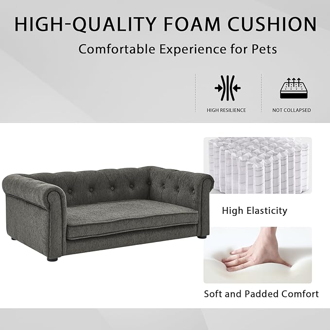 Elevated Rectangle Dog Sofa for Small & Medium Dogs - Comfortable Linen Fabric Dog Bed with Button Tufted Back, Durable Modern and Stylish Pet Bed for Living Room, Bedroom (Dark Grey)