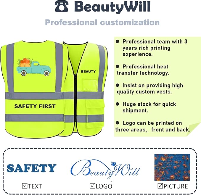 Safety Vest 5 Pack Customize Logo Class 2 High Visibility Reflective Vest with 5 Pockets Construction Security Work Vest ANSI/ISEA Standards（Yellow，S）