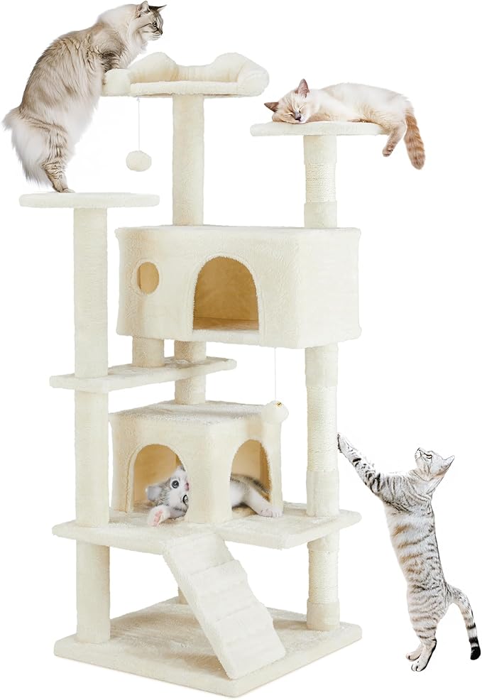 54 Inches Cat Tower Condo Furniture, Cat Tree Tower for Indoor Cats, Cozy Hammock and Sisal Scratching Posts, Multi-Level Durable Cat Scratch Post for Kittens Pet House Play, Detachable, Beige