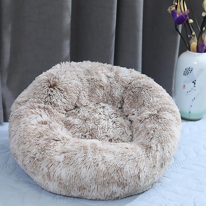 Calming Dog Bed for Small Dogs, Calming Donut Cuddler Pet Bed Anti Anxiety Round Dog Bed Fluffy Plush Faux Fur Cat Bed,Khaki,23.6IN
