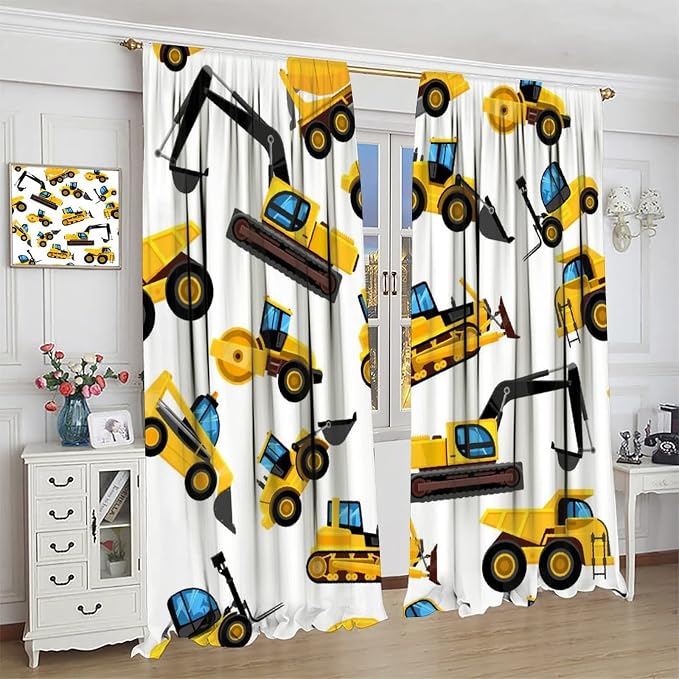 Kids Construction Equipment Window Curtains, Excavator Tractor Tow Truck Rod