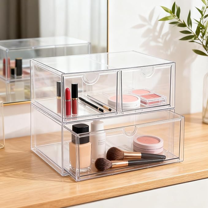 Prsildan Acrylic Drawer Makeup Organizer with 3 Drawers, Clear Stackable Storage for Baby Bottles, Craft, Jewelry & Hair Accessories, Multi-Use for Vanity, Countertop, Office Desk Organization