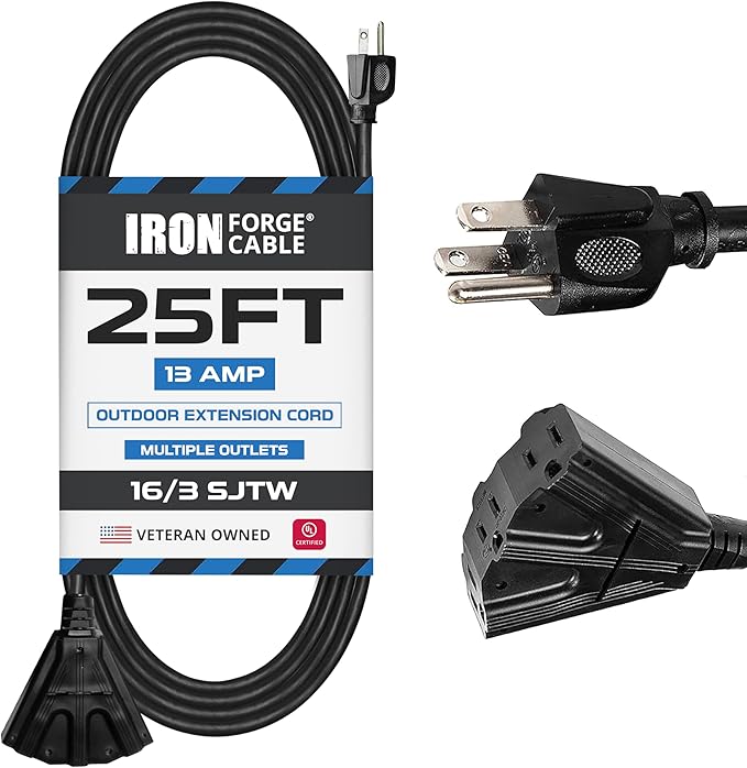 Iron Forge Cable 25 Ft Black Extension Cord with 3 Outlets - 16/3 SJTW 25 Foot Extension Cord 3 Prong, Weatherproof Exterior Power Cable for Outdoor