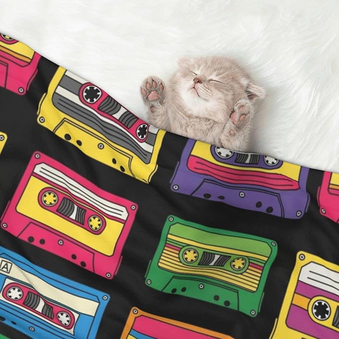 Double Sided Pet Mat for Dog Bed Topper Cat Blanket Furniture Protector, Colorful Retro Cassette Pattern, Reversible Plush with Tactile Dot Pattern for Style Change