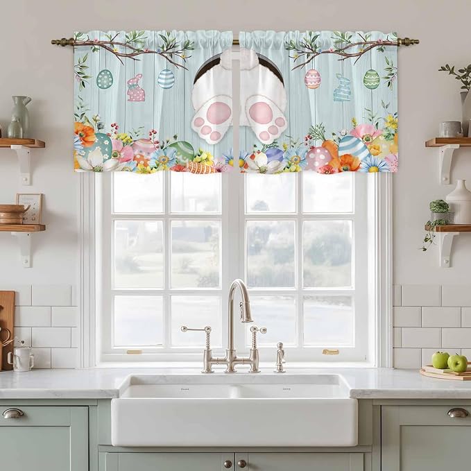 Easter Bunny Kitchen Tier Curtains 36 Inch Long 2 Panel Set, Rod Pocket Half