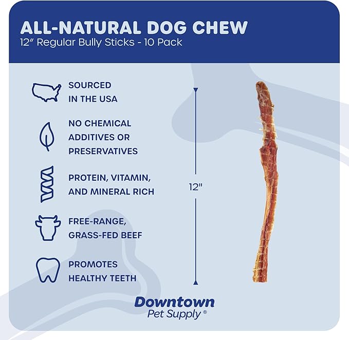 Downtown Pet Supply USA Sourced Bully Sticks for Dogs - Grass-fed Beef Chews, Low-Odor & Rawhide-Free, Long Lasting Dog Treats - Healthy, Safe & Delicious Chews (12" 10 Pack)