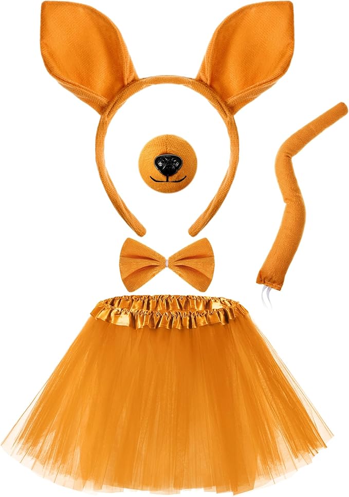 Zhanmai Mardi Gras Costume Kangaroo Costume Set Party Accessories Cosplay Outfit Kit Animal Tutu Skirt Ears Headband Bowtie Tail Nose (Dark Yellow)