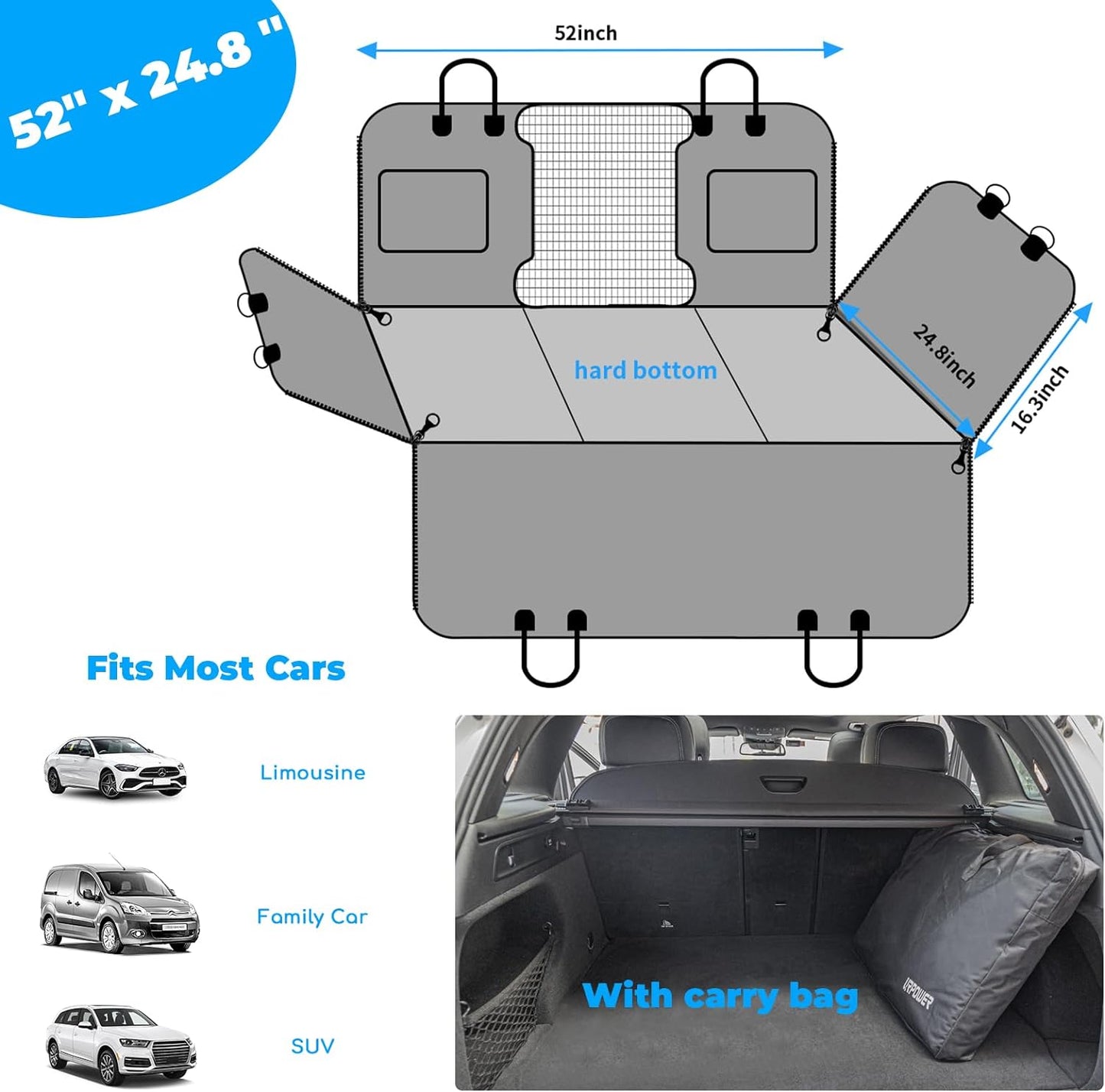 URPOWER Dogs Back Seat Extender with Non-Slip Blanket - Hard Bottom Dog Car Seat Cover & Removable Dog Bed Mat, Waterproof Dogs Hammock for Car, SUV & Small Truck, Pet Backseat Protector Holds 400lbs