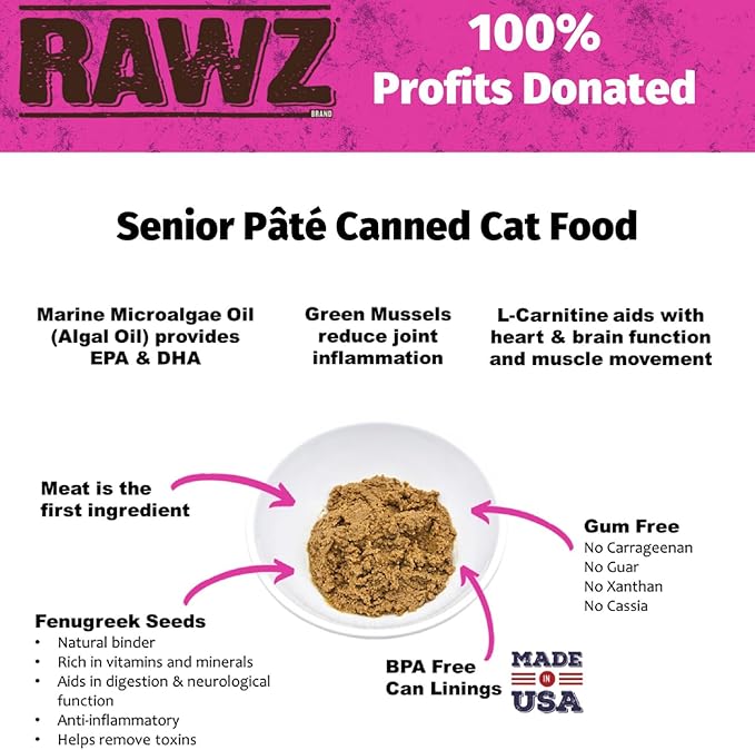 Rawz Natural Premium Pate Canned Cat Wet Food - Made with Real Meat Ingredients No BPA or Gums - 5.5oz Cans 24 Count (Beef & Green Mussels for Seniors)