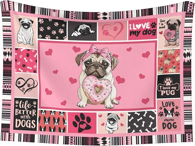 Pug Blanket for Pet - Pink Throw Blanket 40x30 Paw Print Couch Blankets for Puppy Dogs Cats