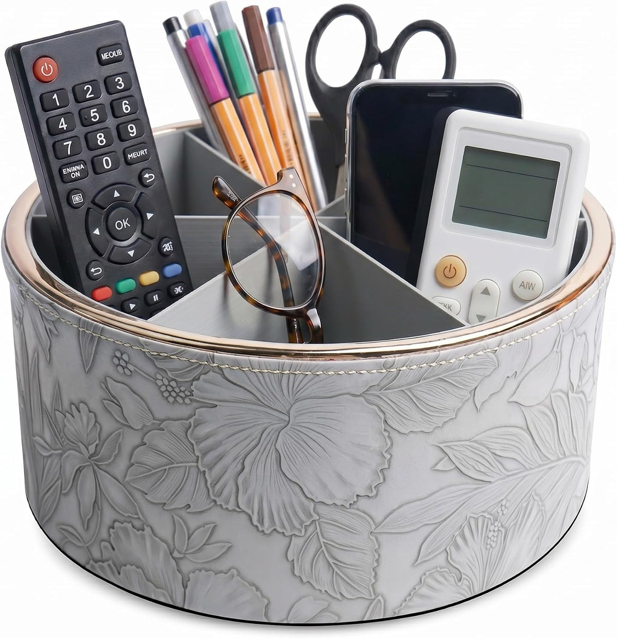 Remote Control Holder, 360°Spinning PU Leather Desk TV Remote Caddy,Desk Storage Box Room Accessories for Controller, Media,Mail,Calculator, Mobile Phone,Pencil(1B-Golden Grey)
