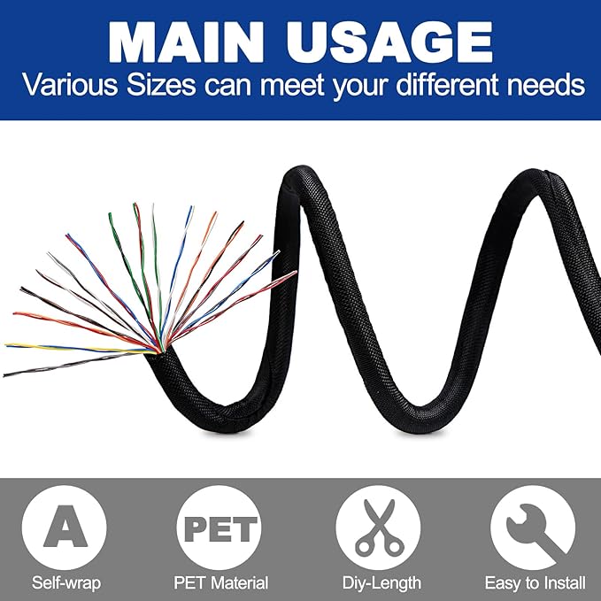 Split-Sleeve Wire Loom for High-Temperature Automotive Harness and Home Cable Management, 25ft - 1/8 inch Braided Cable Management Sleeve Cord Protector, Self-Wrapping Split Wire Loom