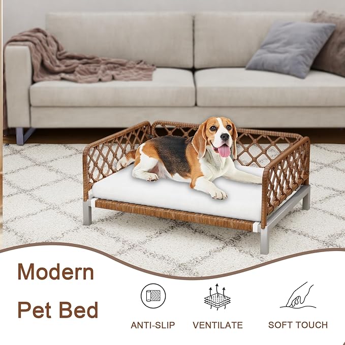 Small Dog Bed, Waterproof Elevated Dog Couch with Washable Removable White Cushion, Boho Rattan Dark Brown Wicker Orthopedic Pet Sofa for Outdoor, Indoor