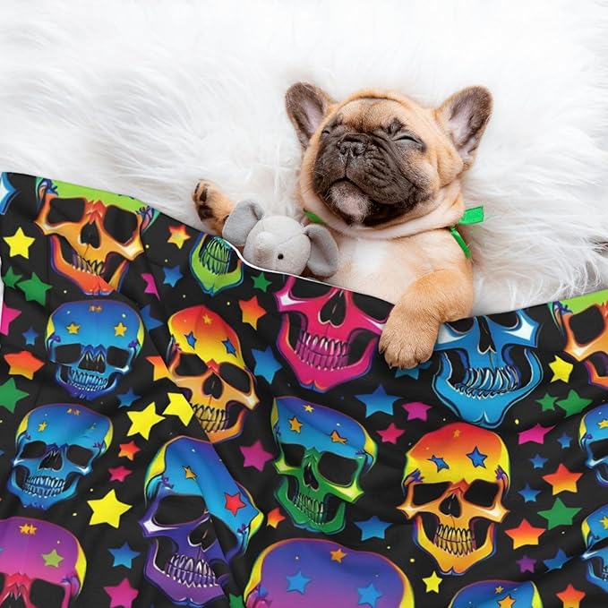 Double Sided Pet Mat for Dog Bed Topper Cat Blanket Furniture Protector, Colorful Stars Neon Skulls, Reversible Plush with Tactile Dot Pattern for Style Change