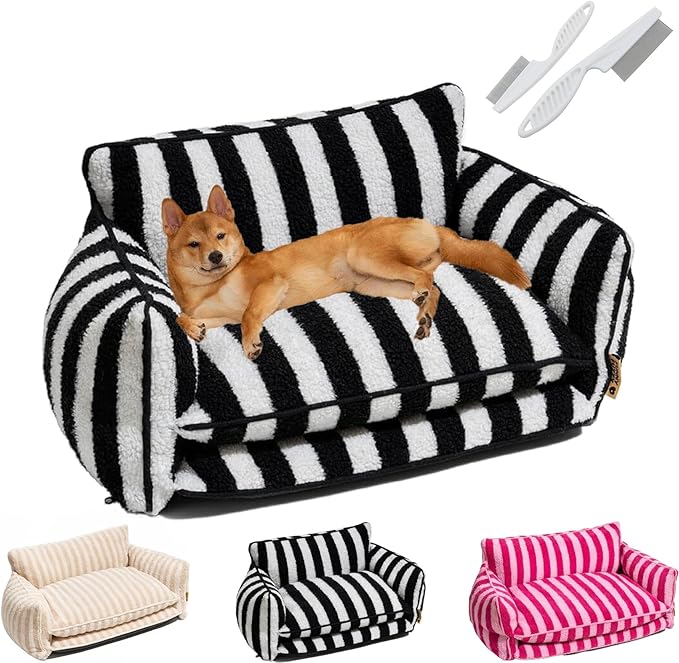 Lazy Holiday Plush Cozy Dog & Cat Sofa Bed, Teddy Velvet Dog Bed, Trendy Striped Faux Lambswool Double Layer Dog & Cat Sofa Bed Dogs Sleeping Mat for Medium Small Dogs & Cats (Black and White,L)