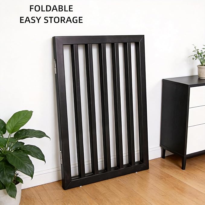 ZJSF Freestanding Indoor Dog Gate for House Foldable Wood Puppy Gate for Doorways Pet Gate for Stairs Extra Wide Pet Fence, Black, 32" Height 4 Panels
