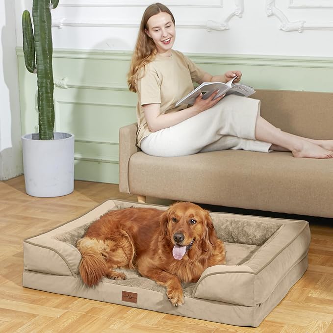 Comfort Expression Waterproof Orthopedic Foam Dog Beds for Extra Large Dogs Sofa Pet Bed Washable Removable Cover with Zipper and Bolster 53" L x 42" W x 8.5" Th, Light Brown