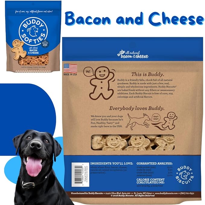 Buddy Biscuits Dog Treats Variety Pack - 6oz Softies Includes Chicken, Bacon & Cheese, Peanut Butter & 5oz Grain Free Grilled Beef - With Dog Toy Rope