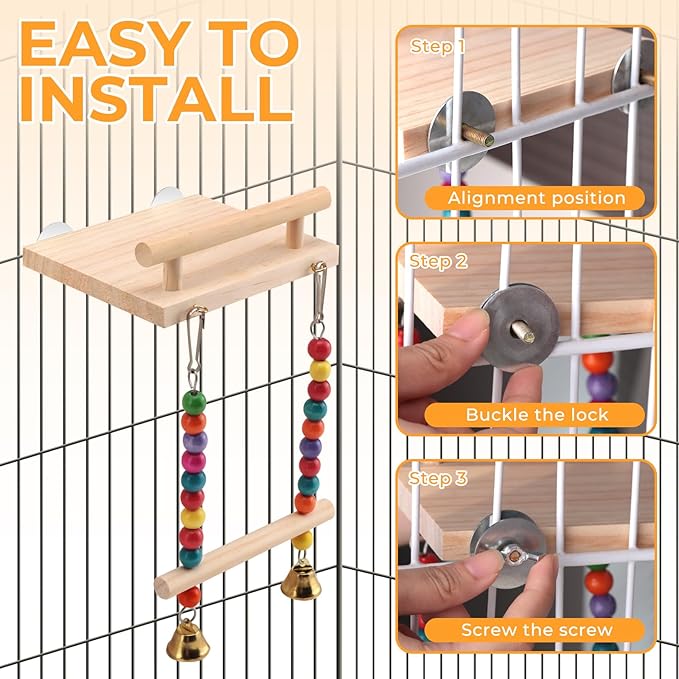 Natural Wood Bird Perch Swing - Cage Platform for Budgies, Cockatiels, Parakeets & Small Birds - Adjustable Play Rest Gym