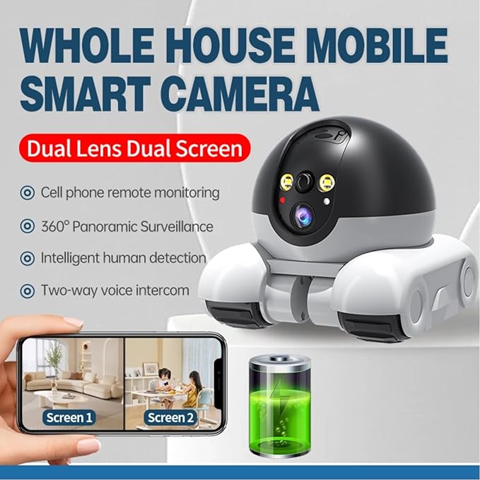 Yoidesu Camera Robot, Movable Pet Cam with Wheels, 1080P 2MP Dual-Lens HD WiFi Security Camera with Phone App, Support 2 Way Talk Tracking for Cat Dog Baby