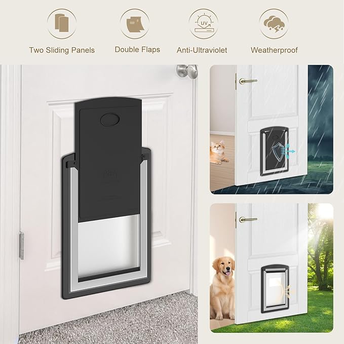 MAVRICFLEX Extra Large Dog Door for Door - All-Stainless Steel Frame, Weather-Resistant Double Soft Flaps, 2 Sliding ABS Panels for Door Use, Fits Giant Dogs Up to 220 LBS, Easy Install, Black