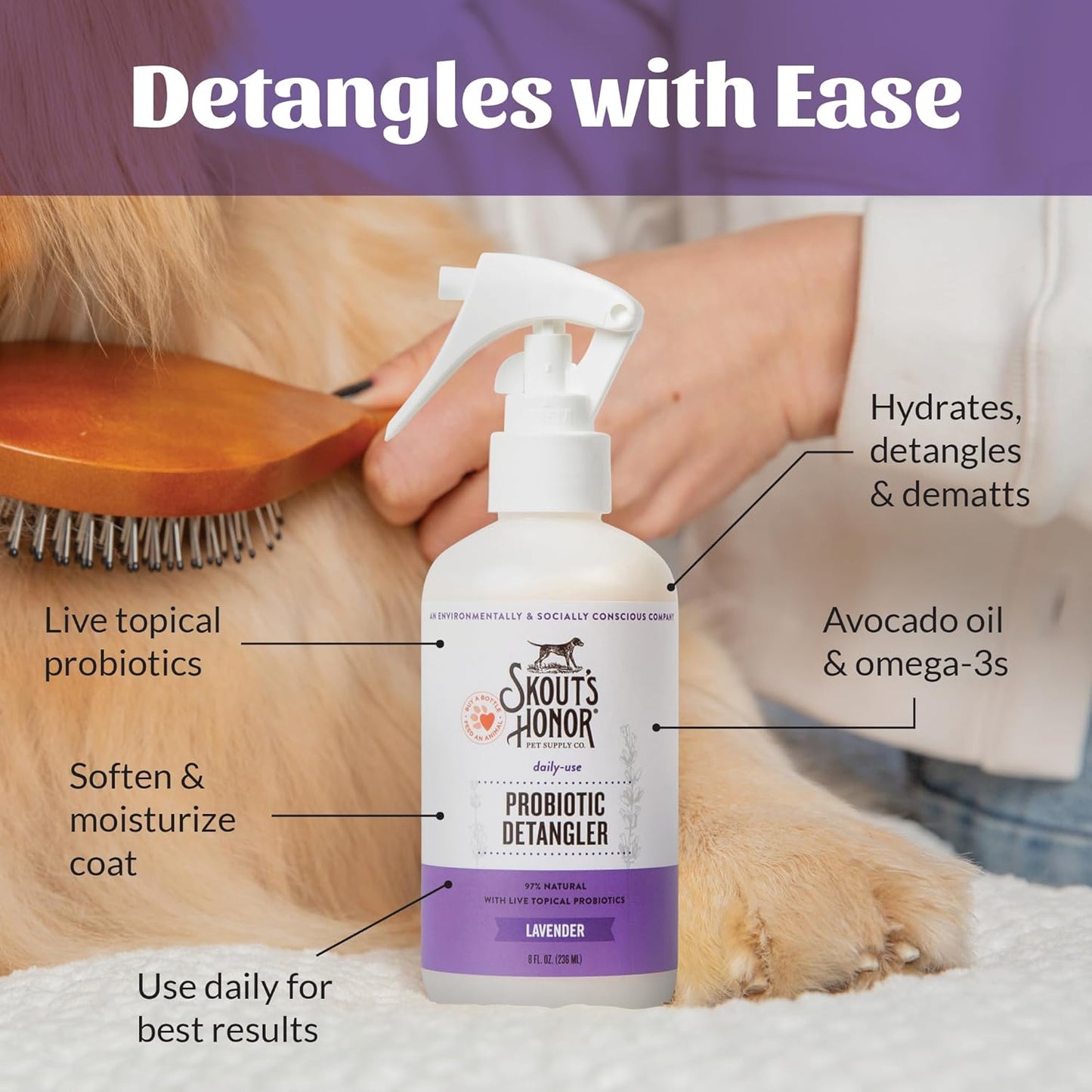 Skout's Honor Pet Detangler Spray - Hydrating & Conditioning with Avocado Oil & Probiotics, 97% Natural, Paraben & Sulfate-Free, softens for a More brushable Coat, Daily Use, 8oz, Lavender
