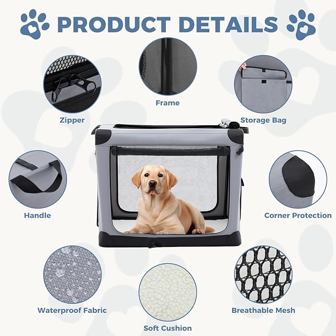DUMOS Dog Crate 24 Inch Travel Cat Pet Carrier for Small Dog, Portable Foldable Soft Pet Airline Approved Crate with Storage Bag & Washable Pad for Indoor Outdoor Dog Kennel Carrier (S-30lbs, Grey)