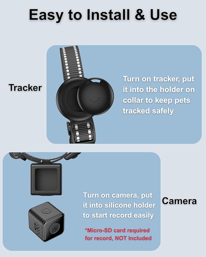 Cat Camera Collar with Tracker Tag, 1080P HD Video Recording, NO WiFi NO APP Pet POV Cam, Body Action Camera for Cat/Dog Tracking — Lightweight, Night Vision, Easy Playback
