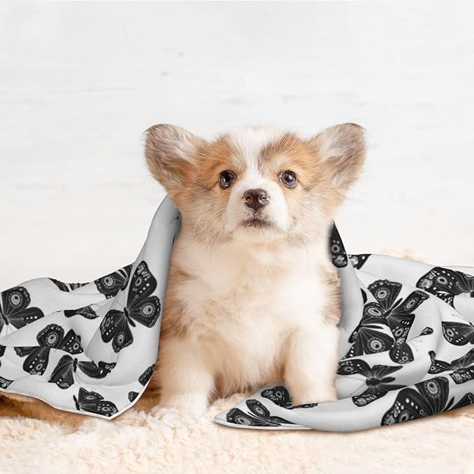 Double Sided Pet Mat for Dog Bed Topper Cat Blanket Furniture Protector, Butterflies Black and White, Reversible Plush with Tactile Dot Pattern for Style Change