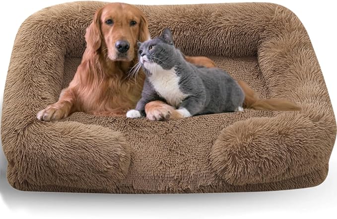 Dog Beds Medium Large Size Dog, Calming Dog Bed with Removable Washable Cover, Waterproof Lining and Nonskid Bottom(Khaki,XL)