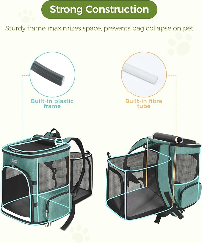 BAGLHER Expandable Cat Carrier Backpacks, Retractable Pet Carrier Backpack for Small Dogs & Cats with Breathable Mesh, Travel Bag Up to 18 Lbs for Hiking Camping Outdoor - Green