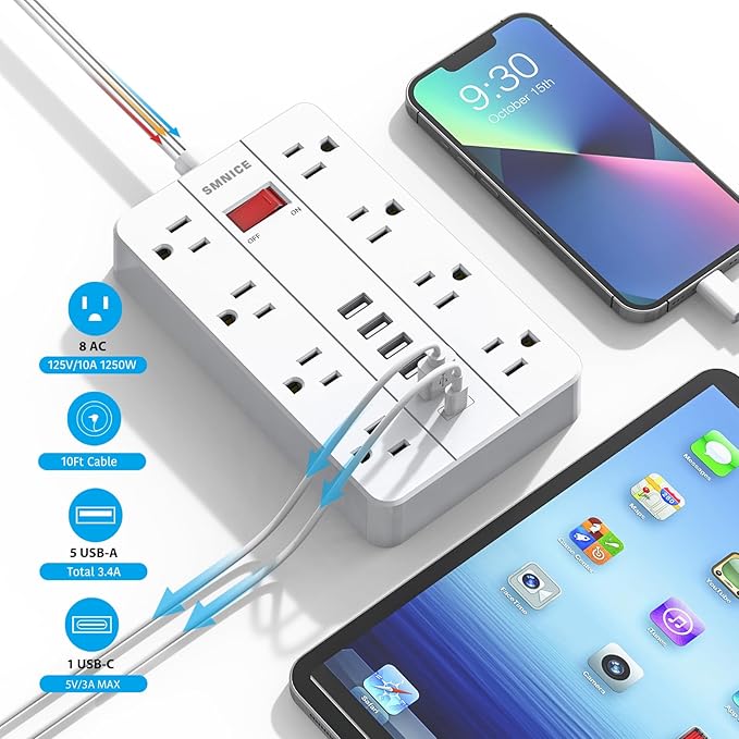 Power Strip Surge Protector, SMNICE Flat Plug Long Extension Cord 10 Ft with 8 Widely Spaced Outlets 6USB(1 USB C) Charging Station, Wall Mount for Dorm Home, Office Accessories,White