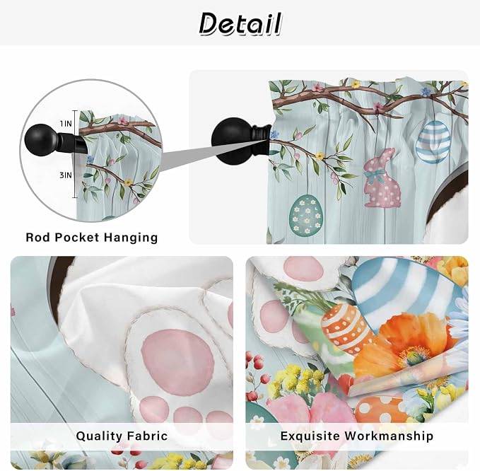 Easter Bunny Kitchen Tier Curtains 36 Inch Long 2 Panel Set, Rod Pocket Half
