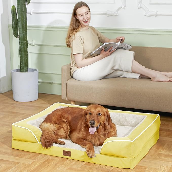 Comfort Expression Orthopedic Dog Bed for Large Dogs 36x27 Inch, Waterproof Egg Crate Foam Large Pet Bed with Removable Bolsters, Dog Couch with Washable Cover & Non-Slip Bottom, Spicy Mustard